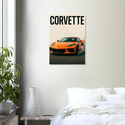 Corvette Stingray Sportbil Affisch: Ikonisk Orange Racing Konsttryck i Premiumkvalitet