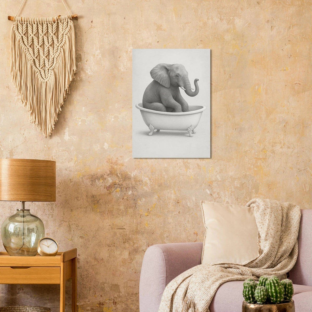 Charmig Elefant i Badkar – Unik Svartvit Konstposter