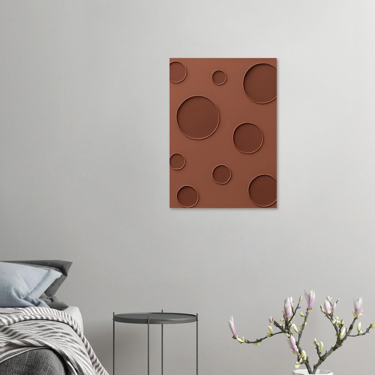 Minimalistiska cirklar abstrakt konsttryck – terrakotta och brons nyanser för en lugnande atmosfär