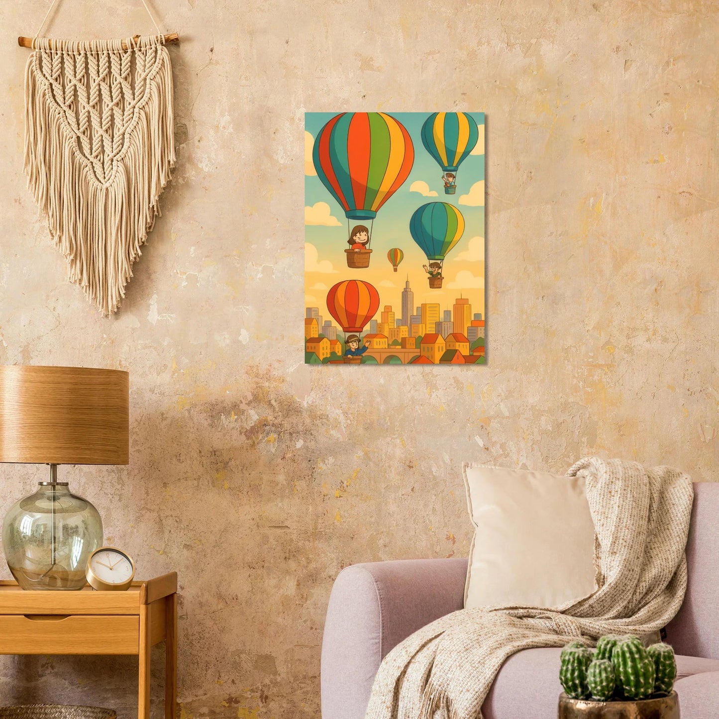 Barn: Whimsical Hot Air Balloon Cityscape Art Print – Elevate Your Space with Retro Charm
