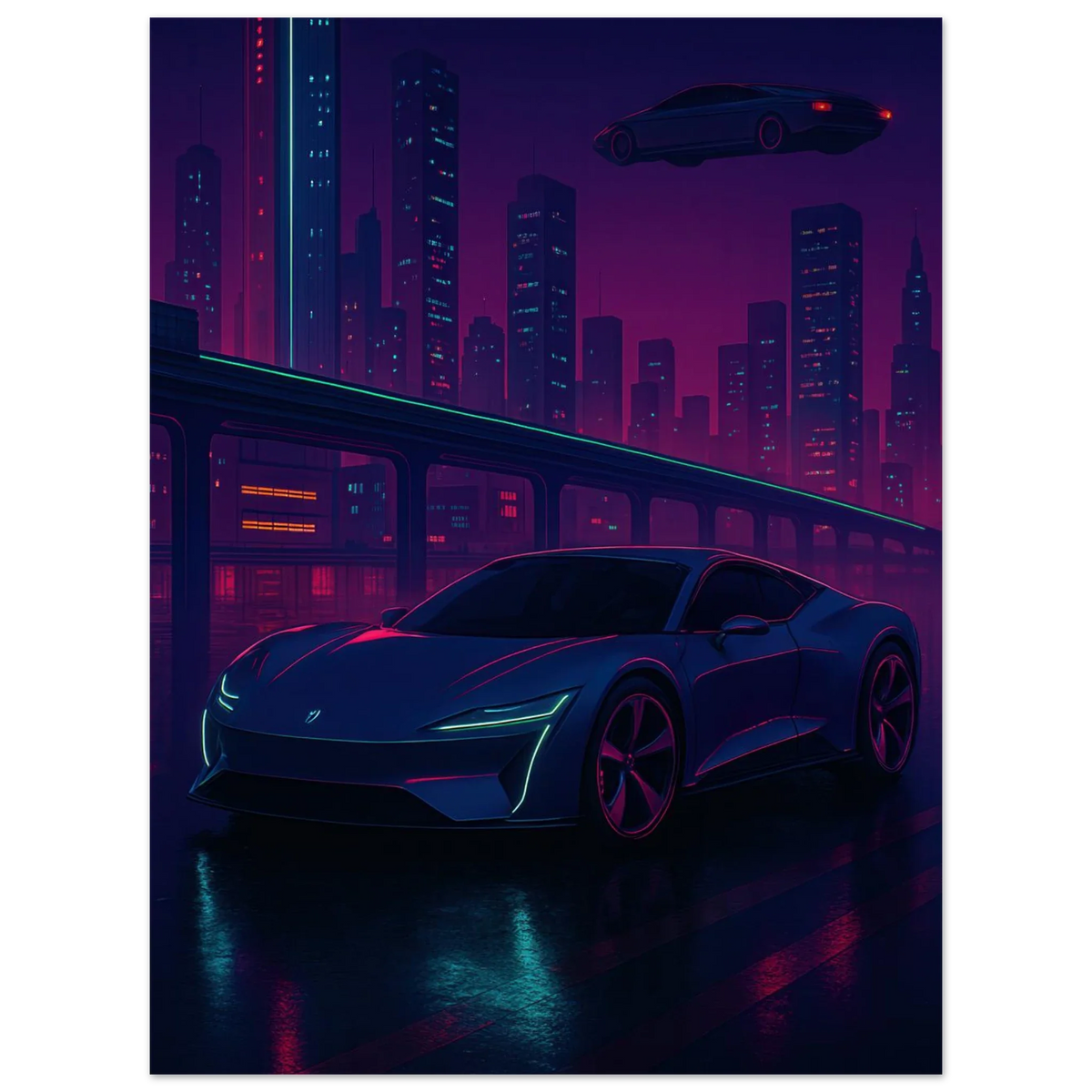 Futuristic Cyberpunk Stad Night Drive Konsttryck – Neonbelyst Bil Affisch i Valfri Storlek