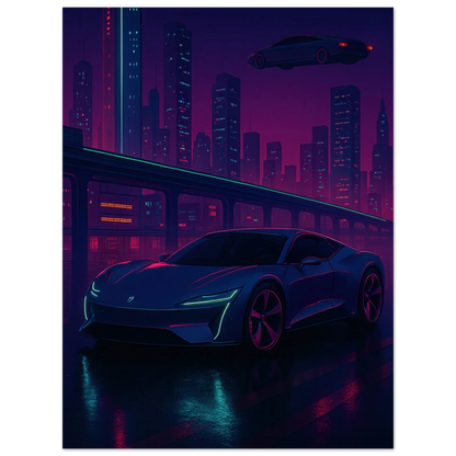 Futuristic Cyberpunk Stad Night Drive Konsttryck – Neonbelyst Bil Affisch i Valfri Storlek