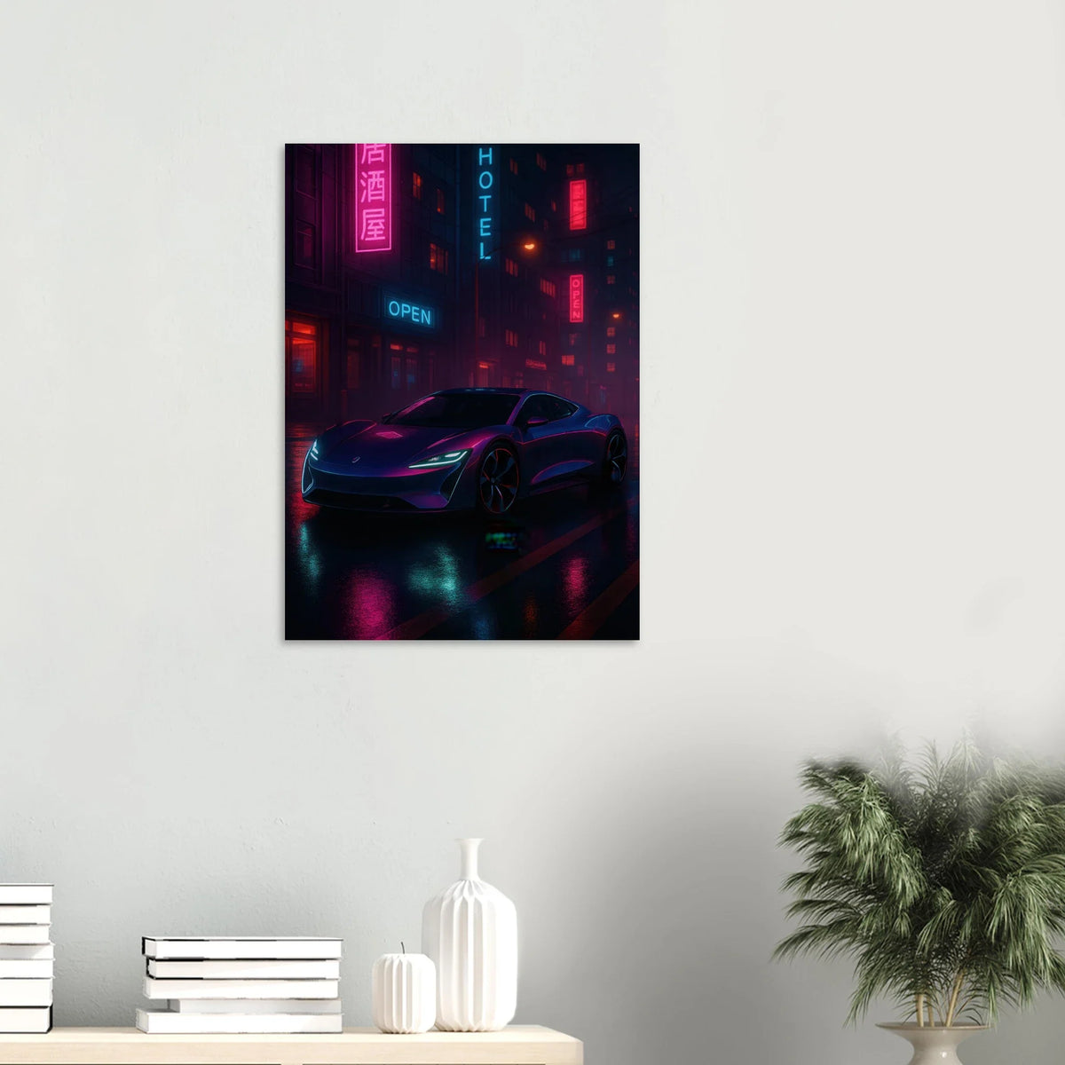 Neon Night Rider Poster: Vibrant Cyberpunk Car Art Print, Choose Your Size