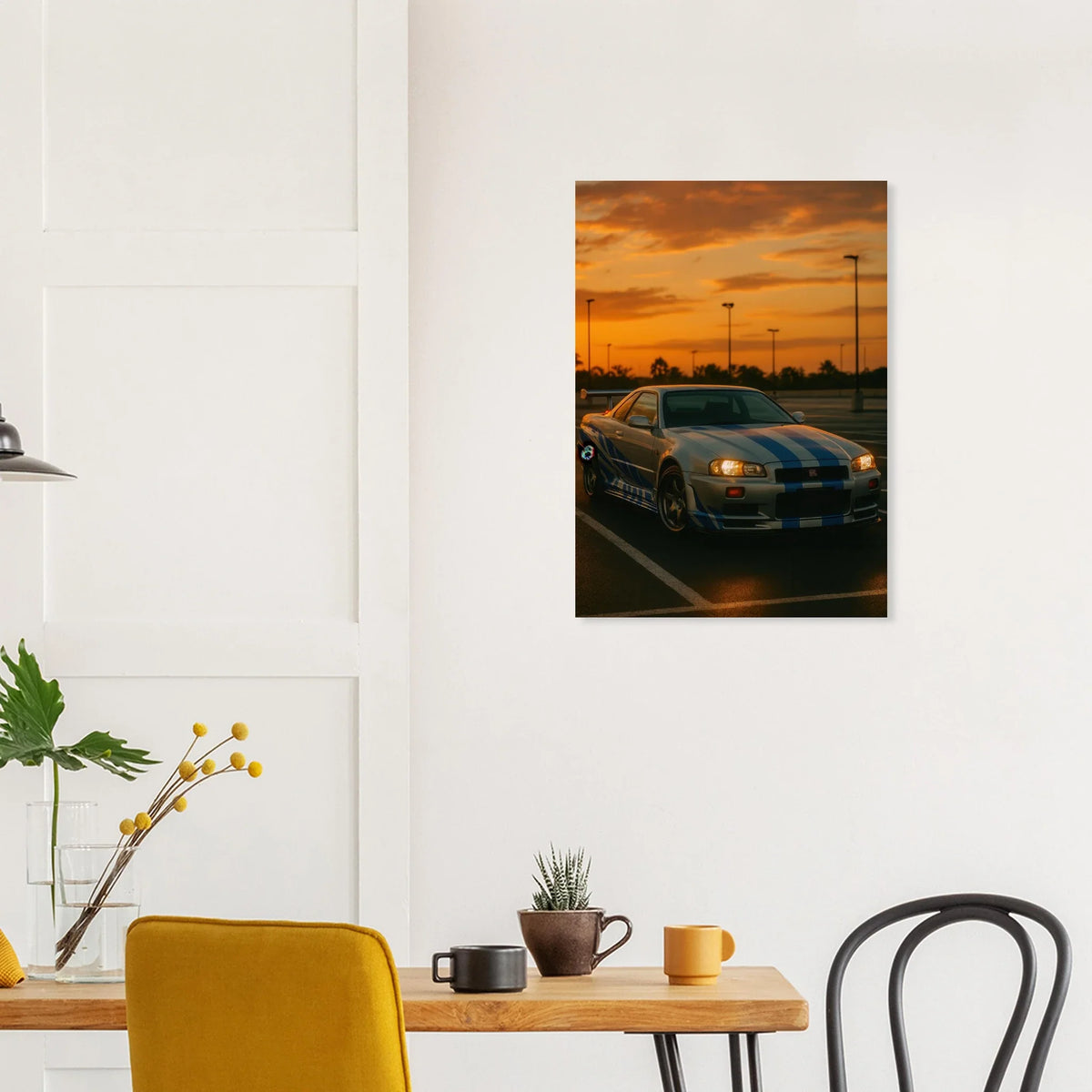 Iconic Skyline GTR Sportbil Konstaffisch – Fånga Fartens Själ i Solnedgången
