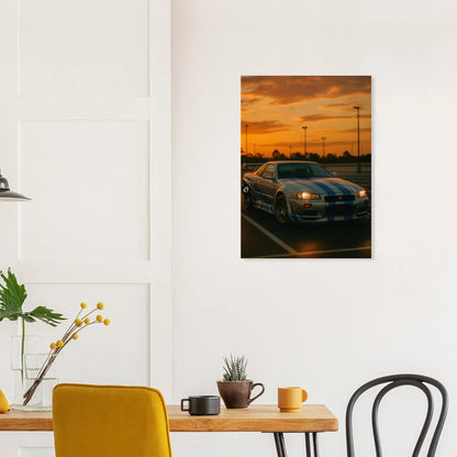 Iconic Skyline GTR Sportbil Konstaffisch – Fånga Fartens Själ i Solnedgången