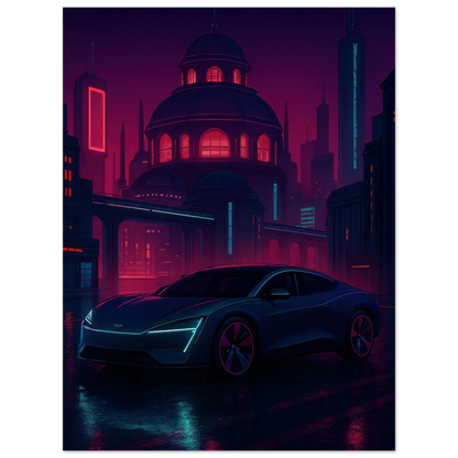 Futuristic Cyberpunk Bil Art Print – Neonstad Nattscen med Elbil