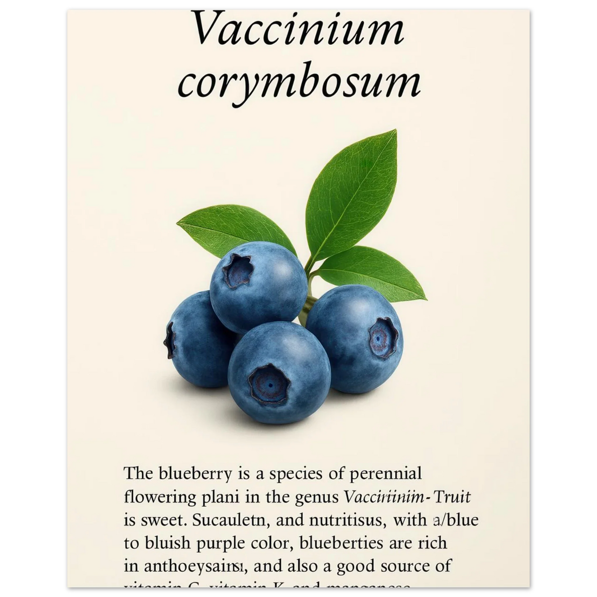 Frukter Botanisk Poster: Vaccinium Corymbosum (Blåbär) Konsttryck med levande blå nyanser och din valda storlek