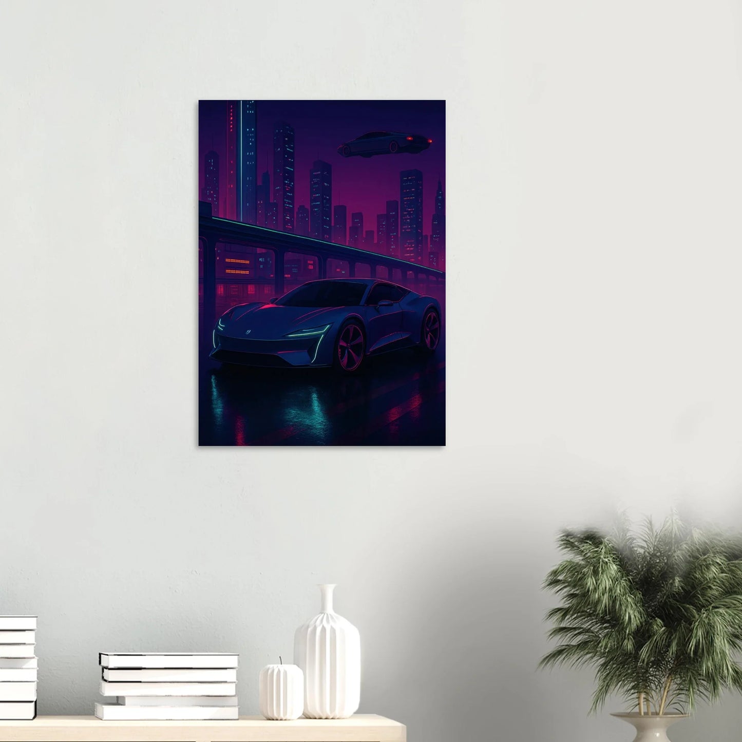 Futuristic Cyberpunk Stad Night Drive Konsttryck – Neonbelyst Bil Affisch i Valfri Storlek