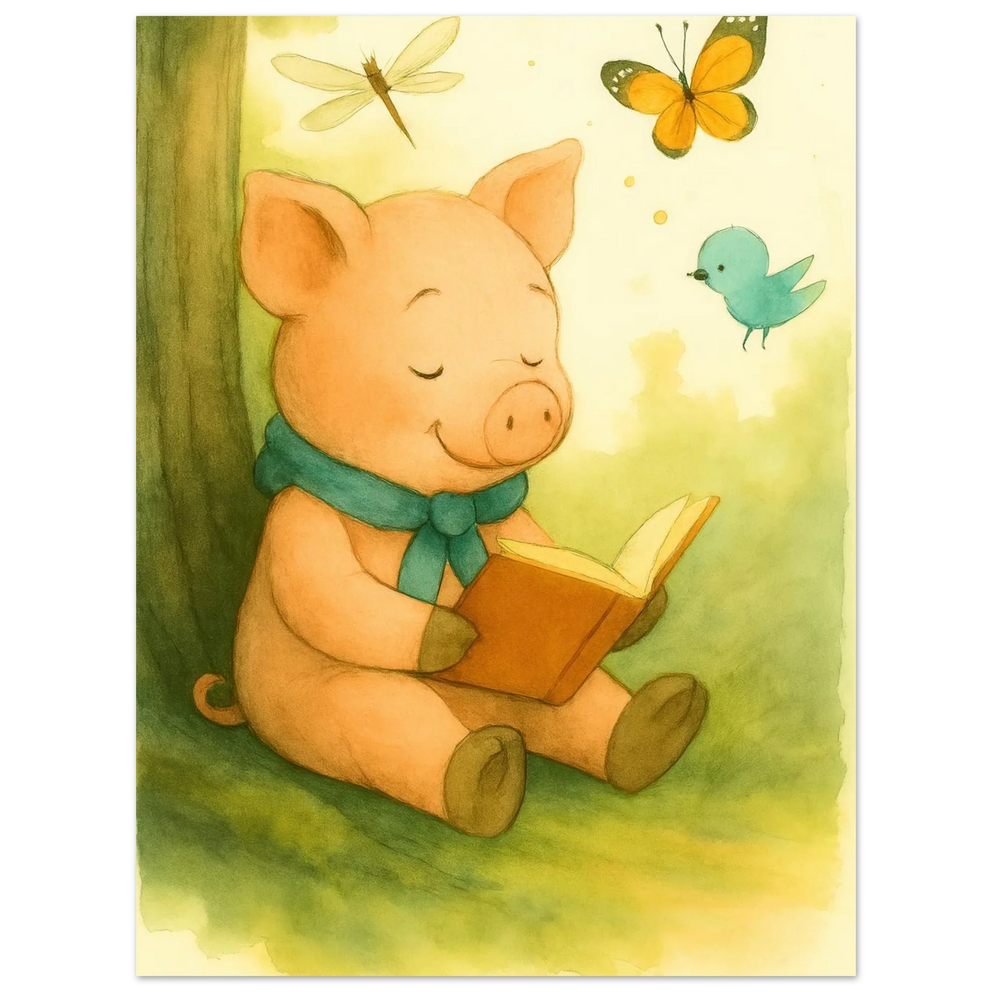 Little Reader Pig: Enchanting Watercolor Art Print for Cozy Spaces