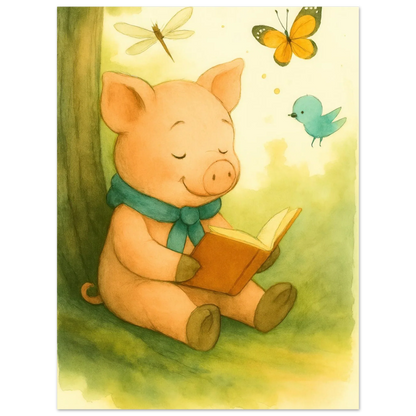 Little Reader Pig: Enchanting Watercolor Art Print for Cozy Spaces