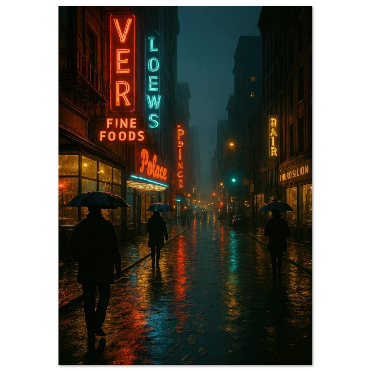 Neon Nights Rainwalk Poster - Urban Noir Cityscape Art Print in Various Sizes