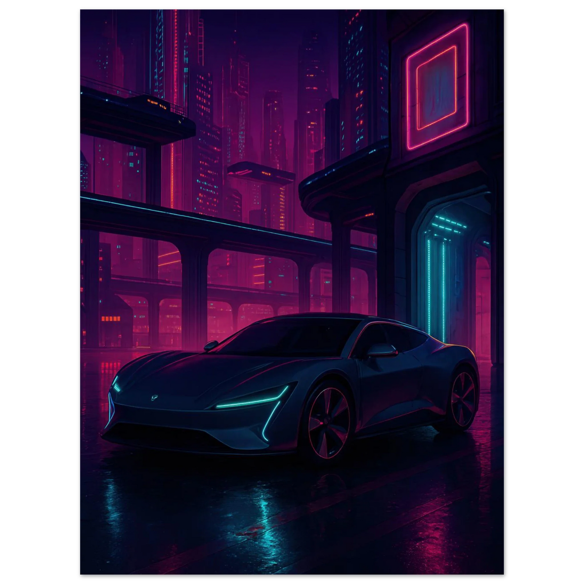 Neon Night Drive: Futuristic Cyberpunk Car Art Print – Bilar Collection