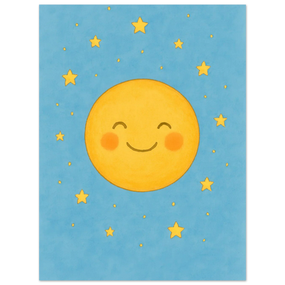 Dreamy Sky Moon & Stars Print | Whimsical Nursery Art | Soft Blue & Yellow Giclee Poster