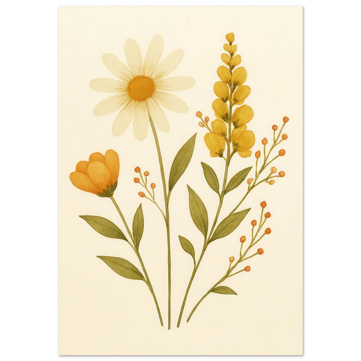 Vibrant Watercolor Wildflowers Print – Daisy, Berries & Botanical Art in Warm Hues