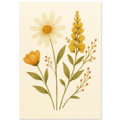 Vibrant Watercolor Wildflowers Print – Daisy, Berries & Botanical Art in Warm Hues