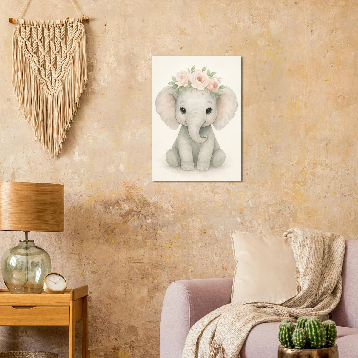 Söt Baby Elefant med Blomsterkrans – Akvarellkonsttryck för Barnrummet