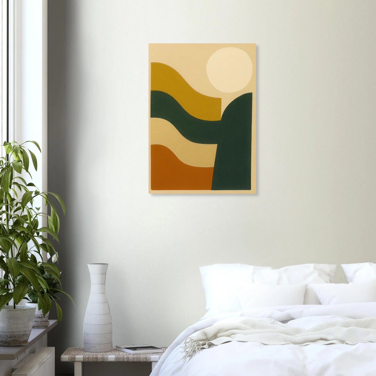 Abstrakt / Minimalistisk Solnedgång Poster – Moderna Vågor i Ockra, Skogsgrönt & Terrakotta, i Flera Storlekar