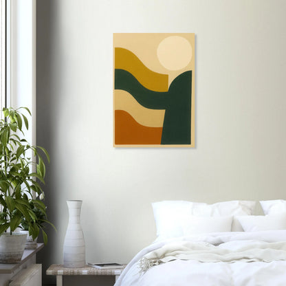 Abstrakt / Minimalistisk Solnedgång Poster – Moderna Vågor i Ockra, Skogsgrönt & Terrakotta, i Flera Storlekar
