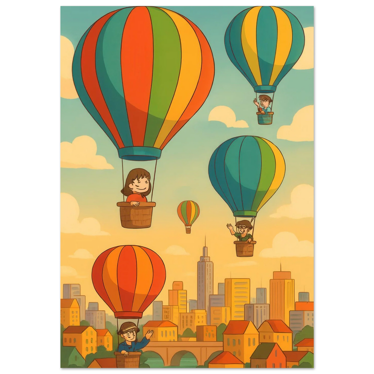 Barn: Whimsical Hot Air Balloon Cityscape Art Print – Elevate Your Space with Retro Charm