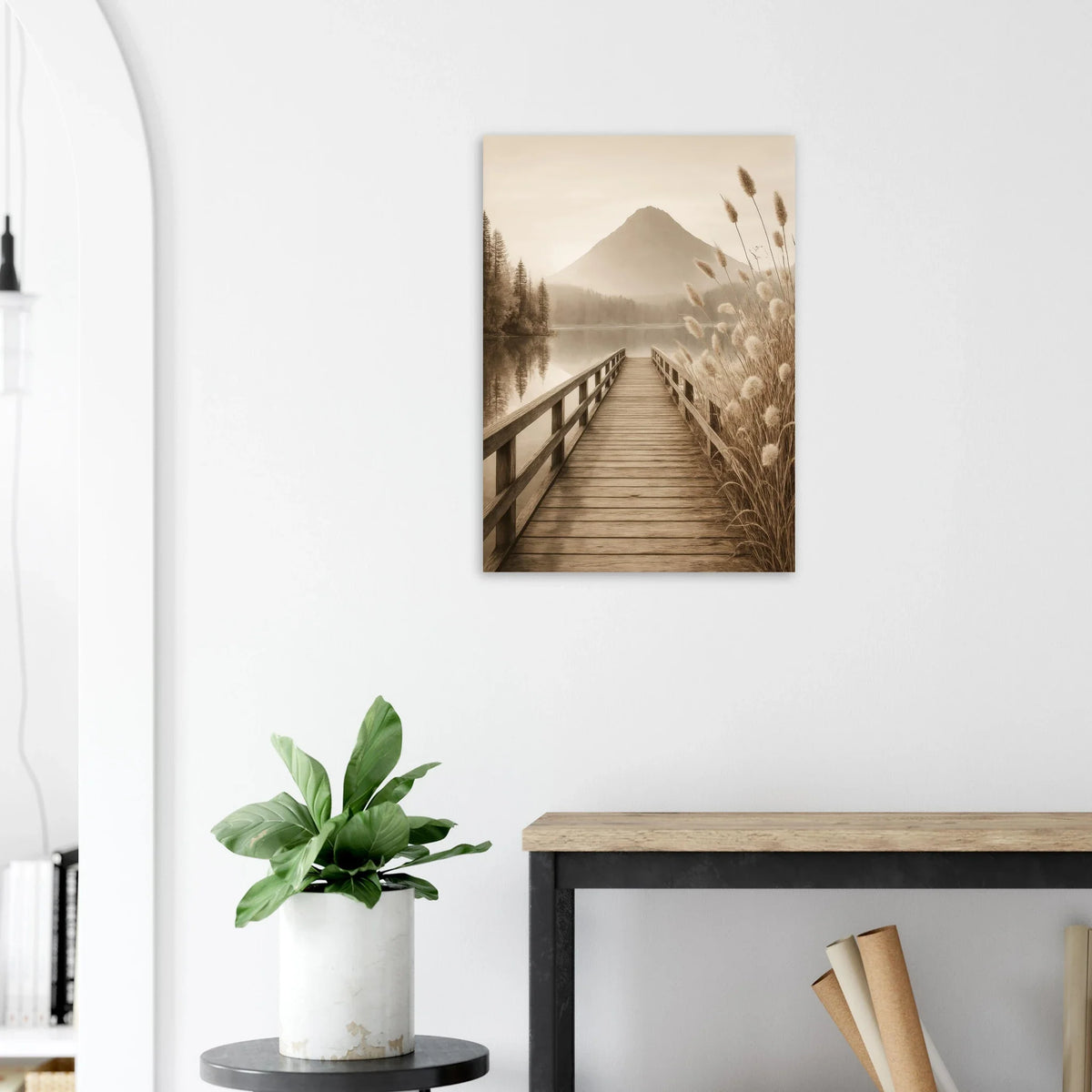 Misty Mountain Lake Dock Poster - Serene Sepia Landscape Art Print
