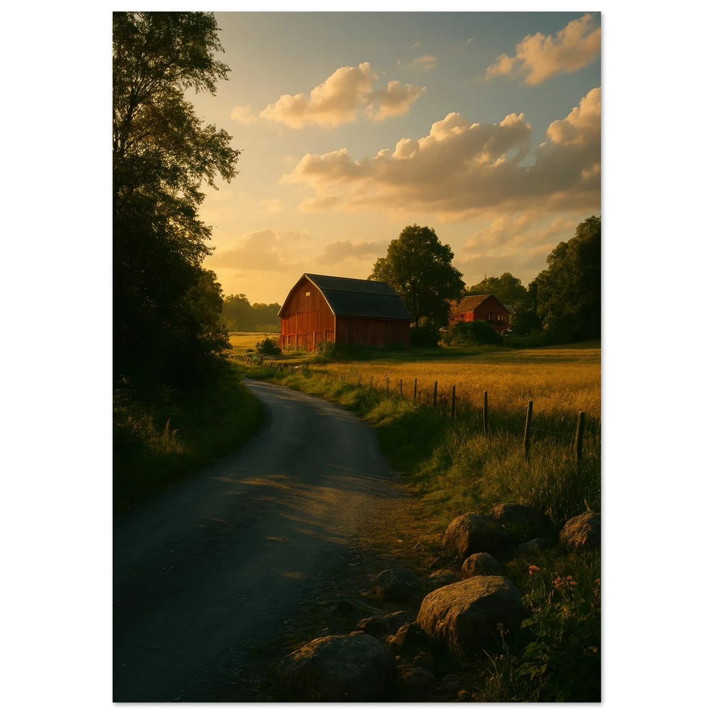 Golden Hour Farm Road Poster - Serene Rural Landscape Print for Your Home