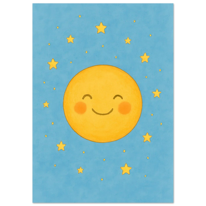 Dreamy Sky Moon & Stars Print | Whimsical Nursery Art | Soft Blue & Yellow Giclee Poster