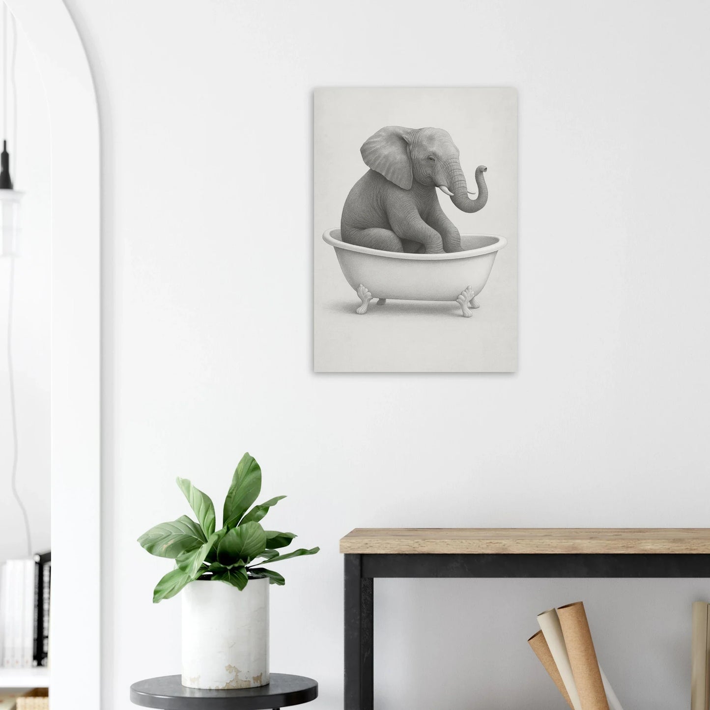 Charmig Elefant i Badkar – Unik Svartvit Konstposter