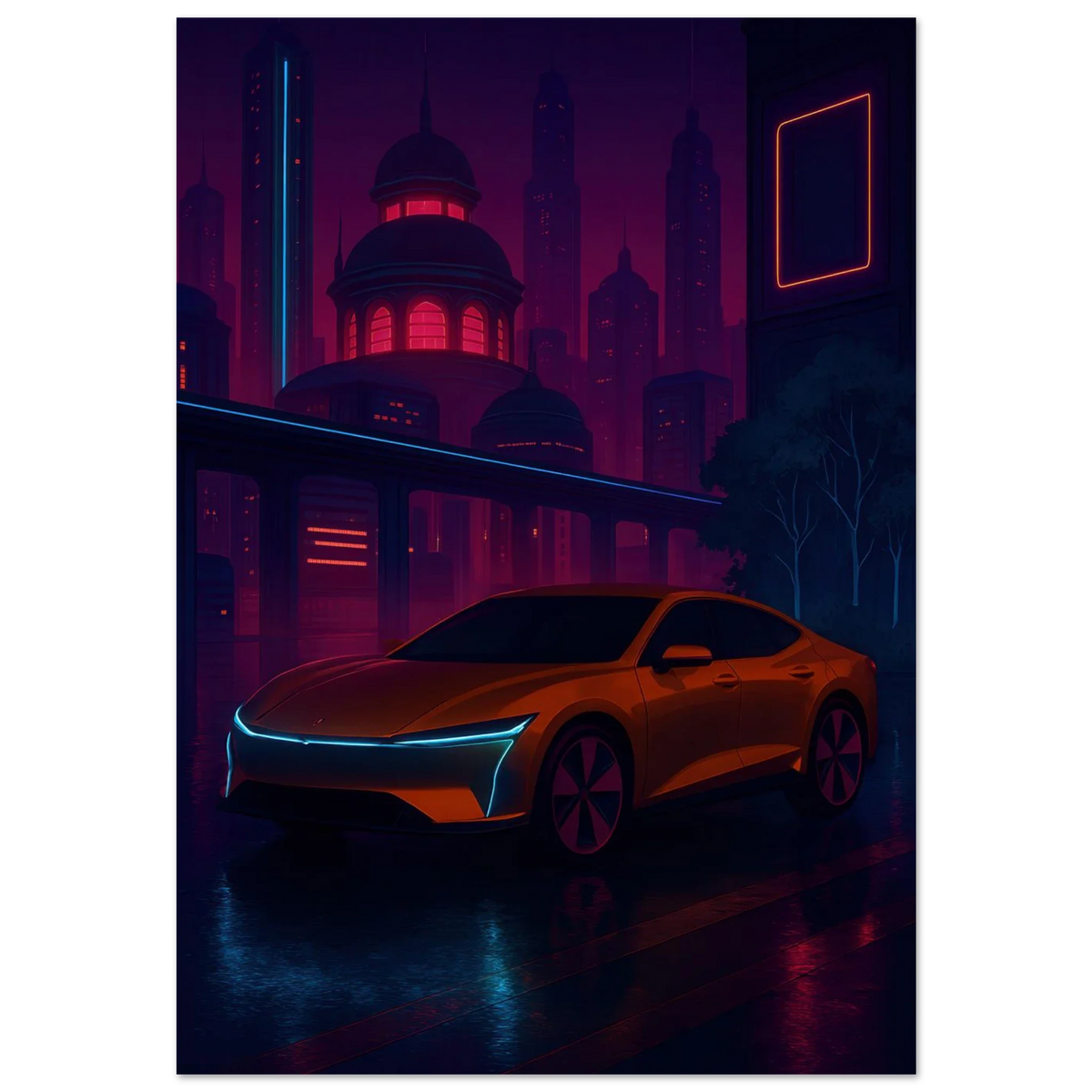 Neon Nightdrive: Futuristisk Bil i Cyberpunk Stadsbild Affisch – Konstavtryck med Livfulla Färger