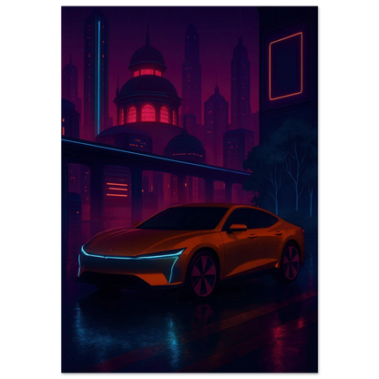 Neon Nightdrive: Futuristisk Bil i Cyberpunk Stadsbild Affisch – Konstavtryck med Livfulla Färger