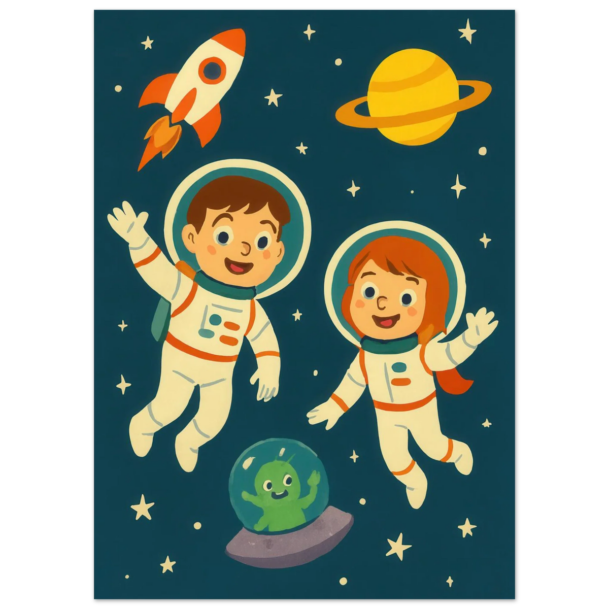 Kosmiska Kompisar: Fängslande Astronaut- & Alien- Konsttryck