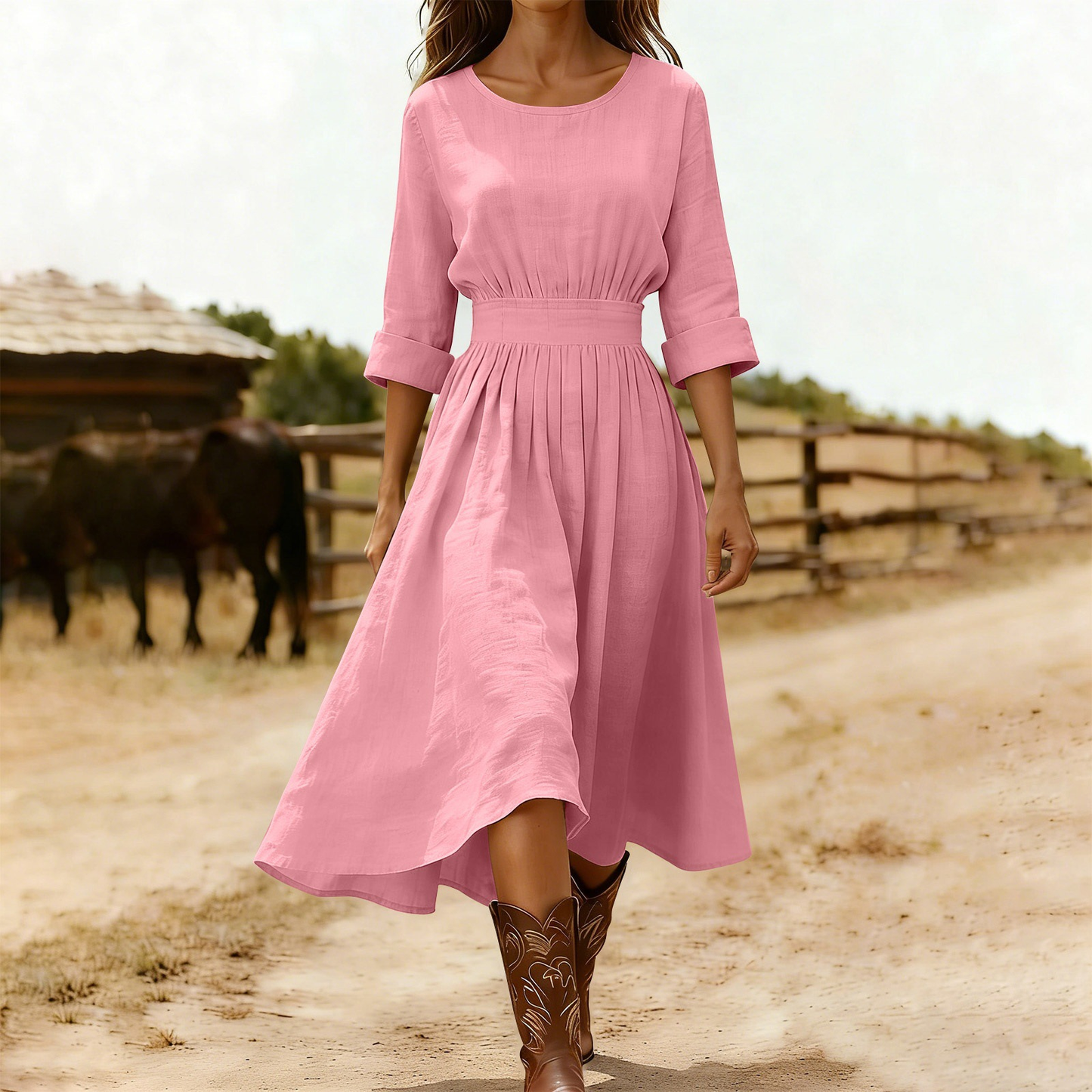 Long-Sleeve Cotton Blend Dress