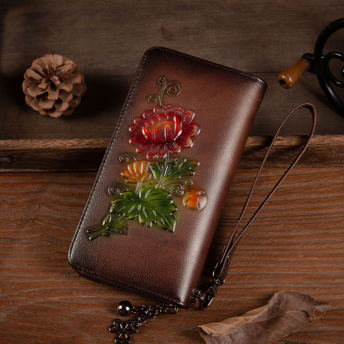 Floral Embossed Leather Zip Wallet