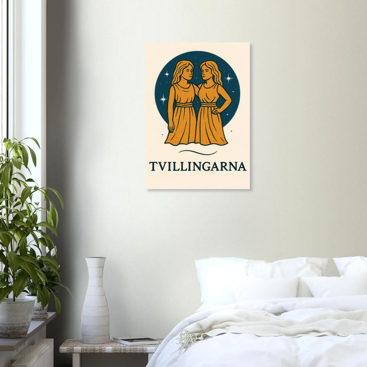 Tvillingarna Zodiac Konsttryck – Gulblå Retro Astrologisk Design Affisch