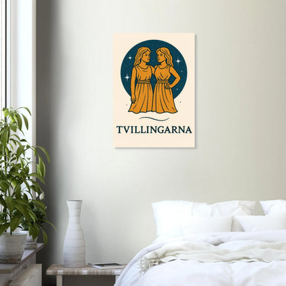 Tvillingarna Zodiac Konsttryck – Gulblå Retro Astrologisk Design Affisch