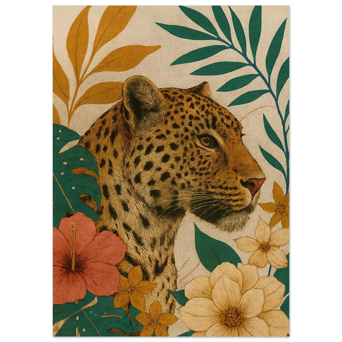 Djur: Exotisk Leopard-konsttryck i varma toner och botaniska inslag – Välj din storlek