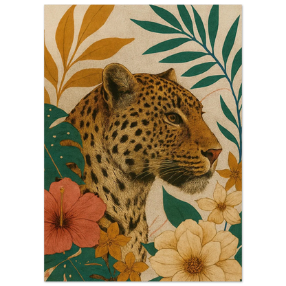 Djur: Exotisk Leopard-konsttryck i varma toner och botaniska inslag – Välj din storlek