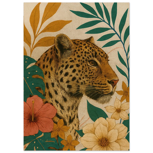 Djur: Exotisk Leopard-konsttryck i varma toner och botaniska inslag – Välj din storlek