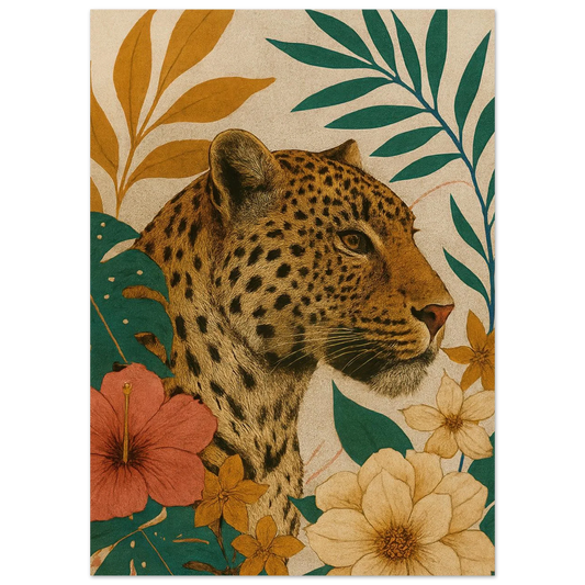 Djur: Exotisk Leopard-konsttryck i varma toner och botaniska inslag – Välj din storlek