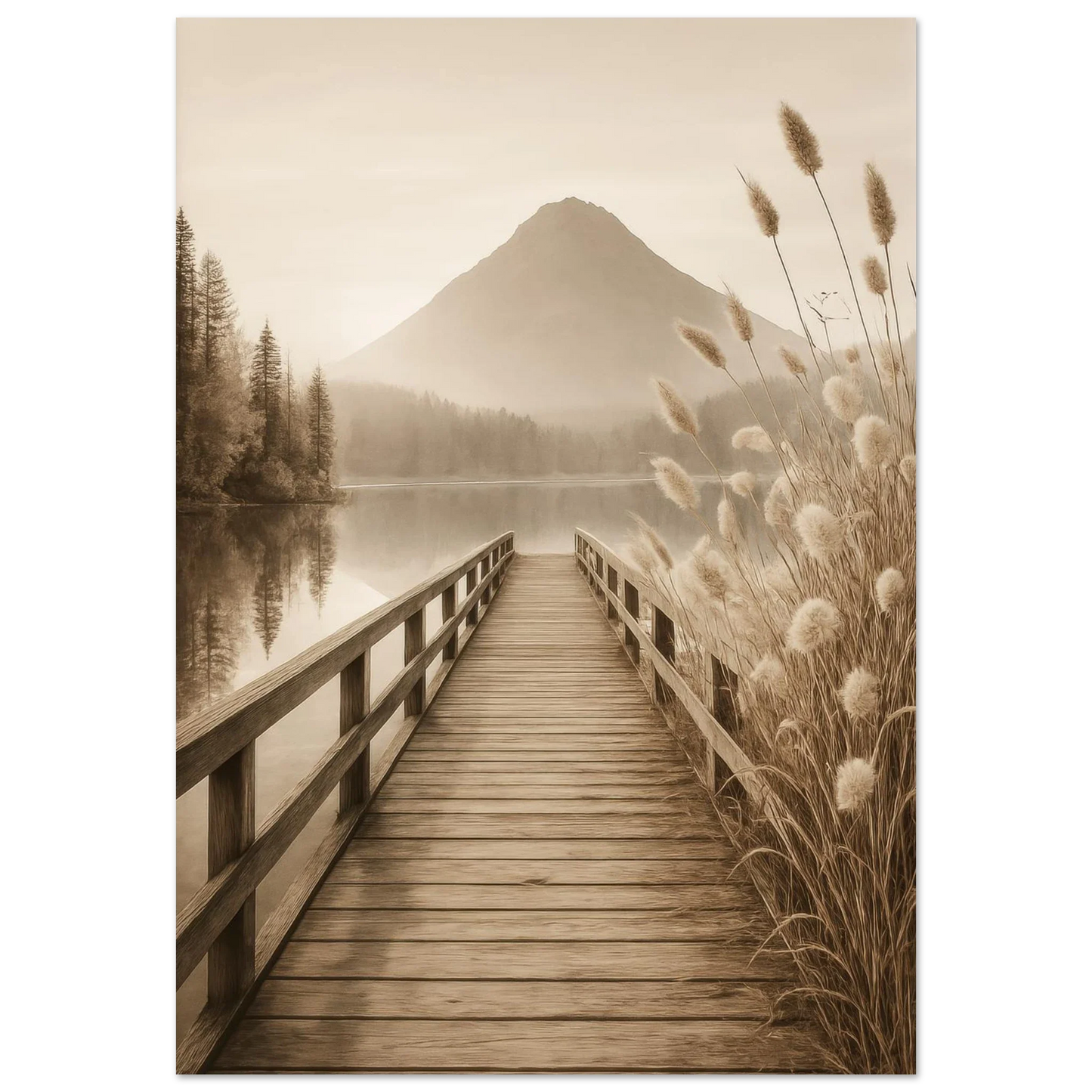Misty Mountain Lake Dock Poster - Serene Sepia Landscape Art Print