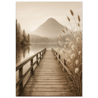 Misty Mountain Lake Dock Poster - Serene Sepia Landscape Art Print