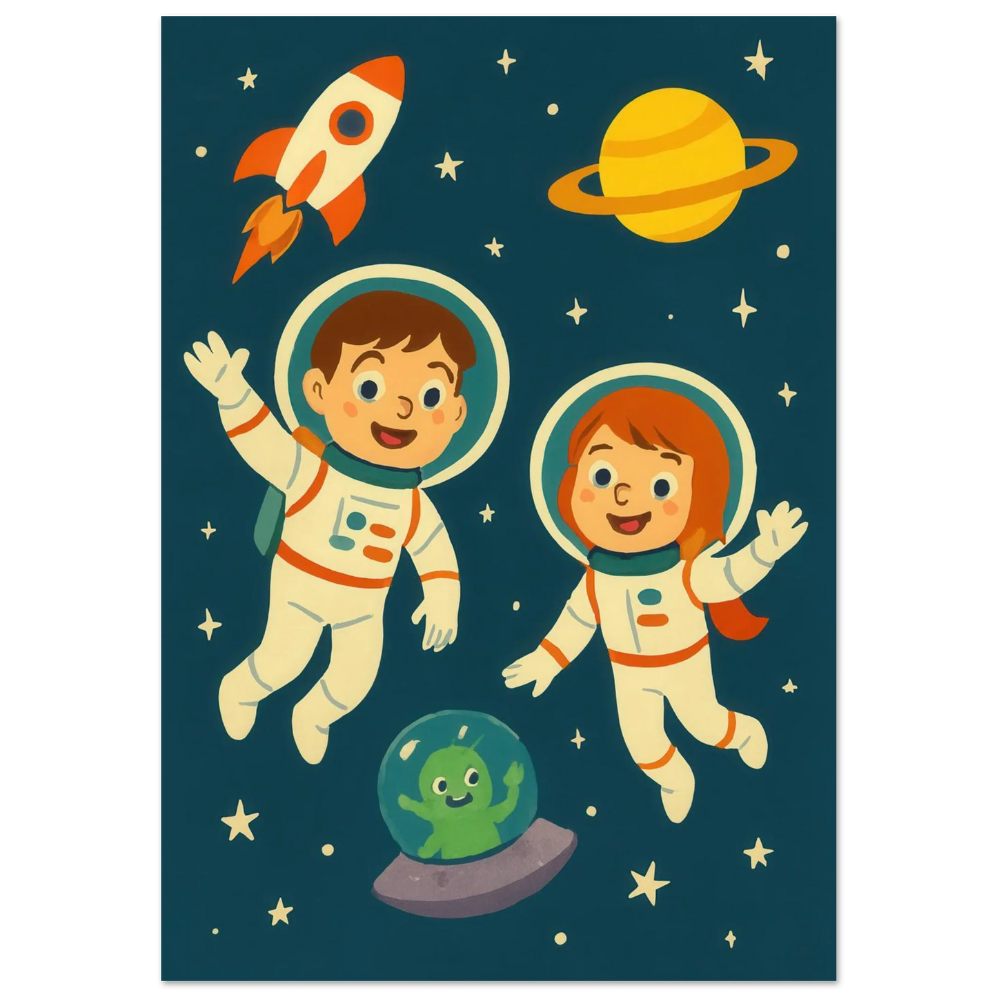 Kosmiska Kompisar: Fängslande Astronaut- & Alien- Konsttryck