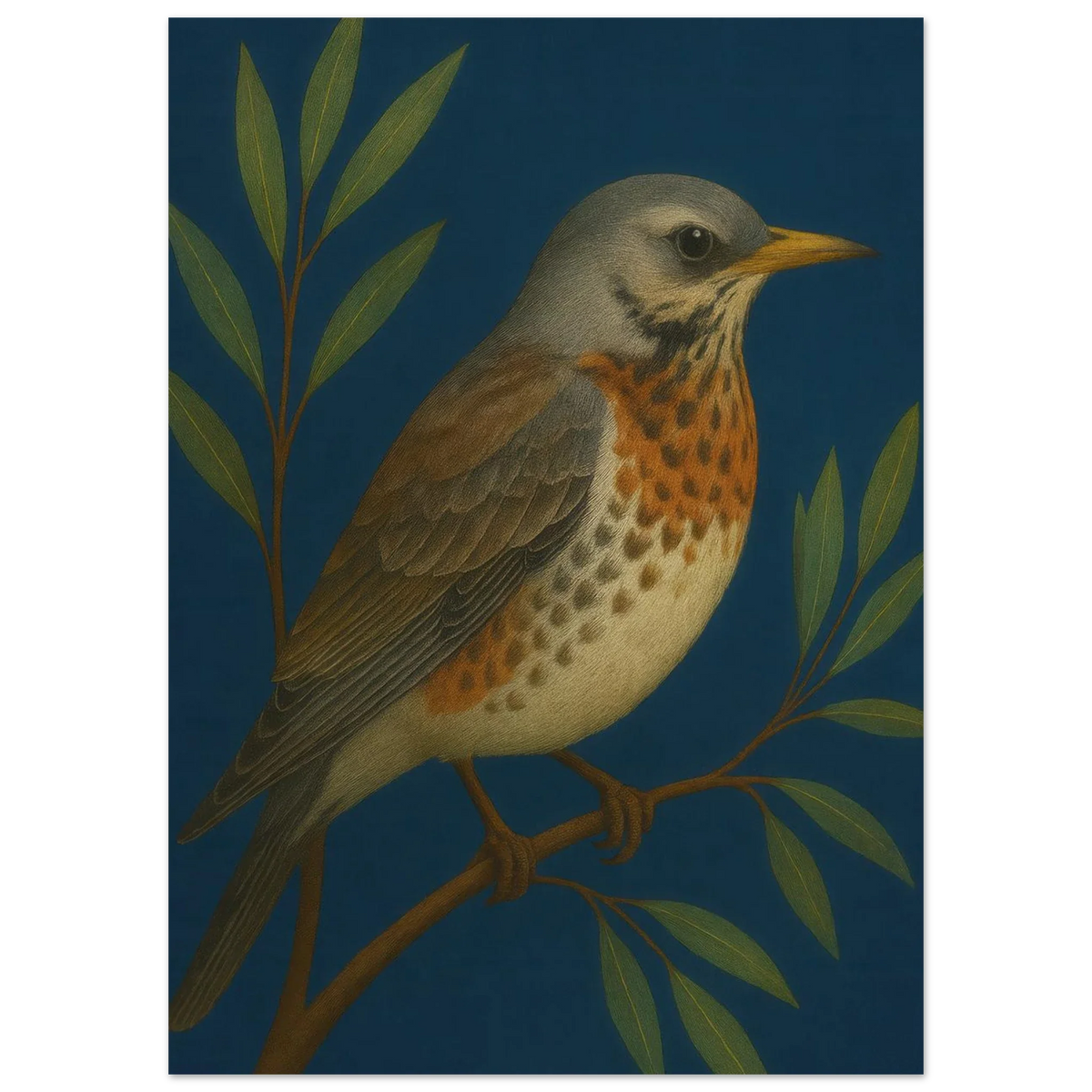 Fieldfare Bird on Branch Art Print – Vibrant Woodland Wildlife Wall Decor for Nature Lovers, in Various Sizes