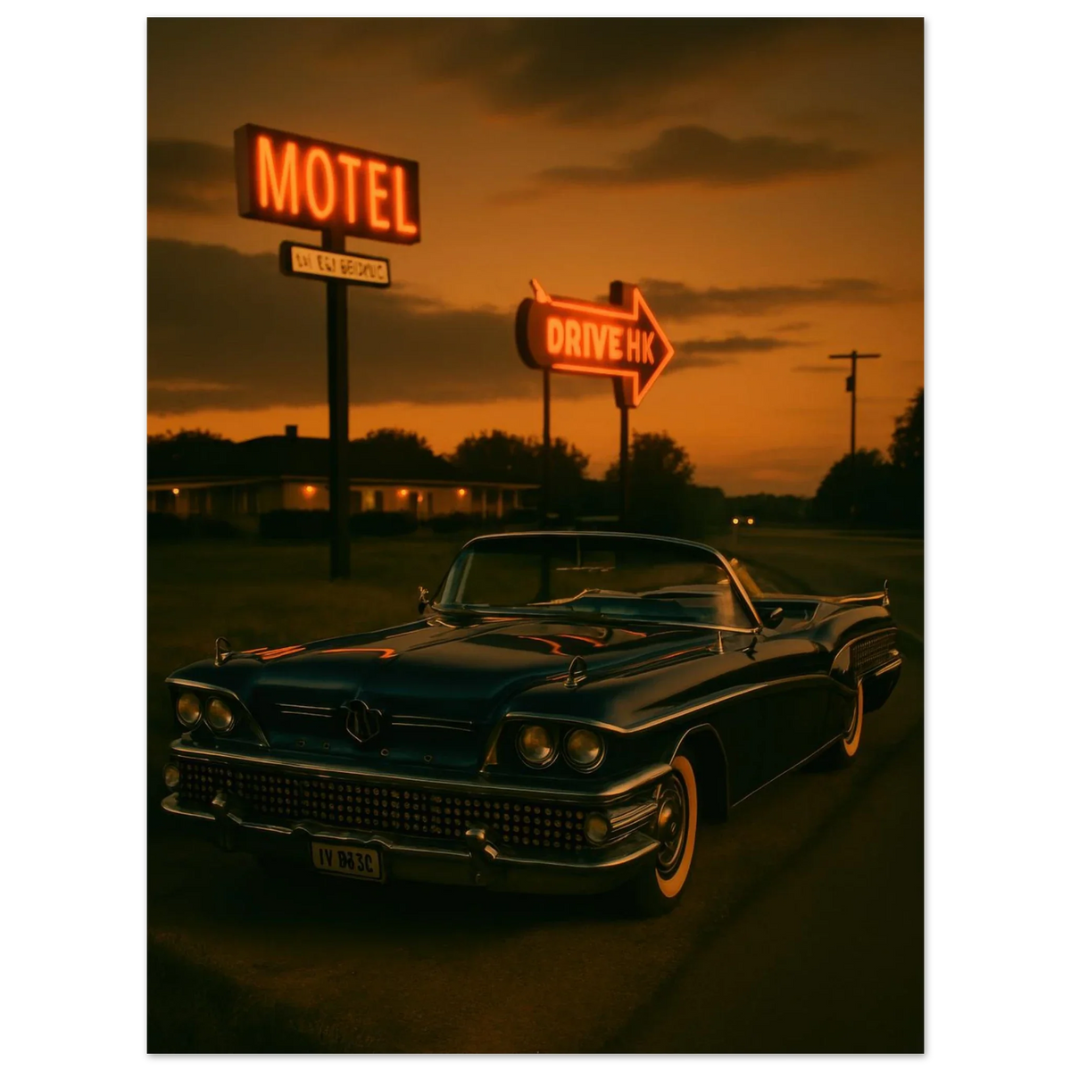 Vintage Sunset Motel Drive: Classic Car Poster - Timeless Retro Vibes