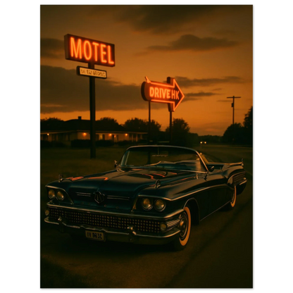 Vintage Sunset Motel Drive: Classic Car Poster - Timeless Retro Vibes