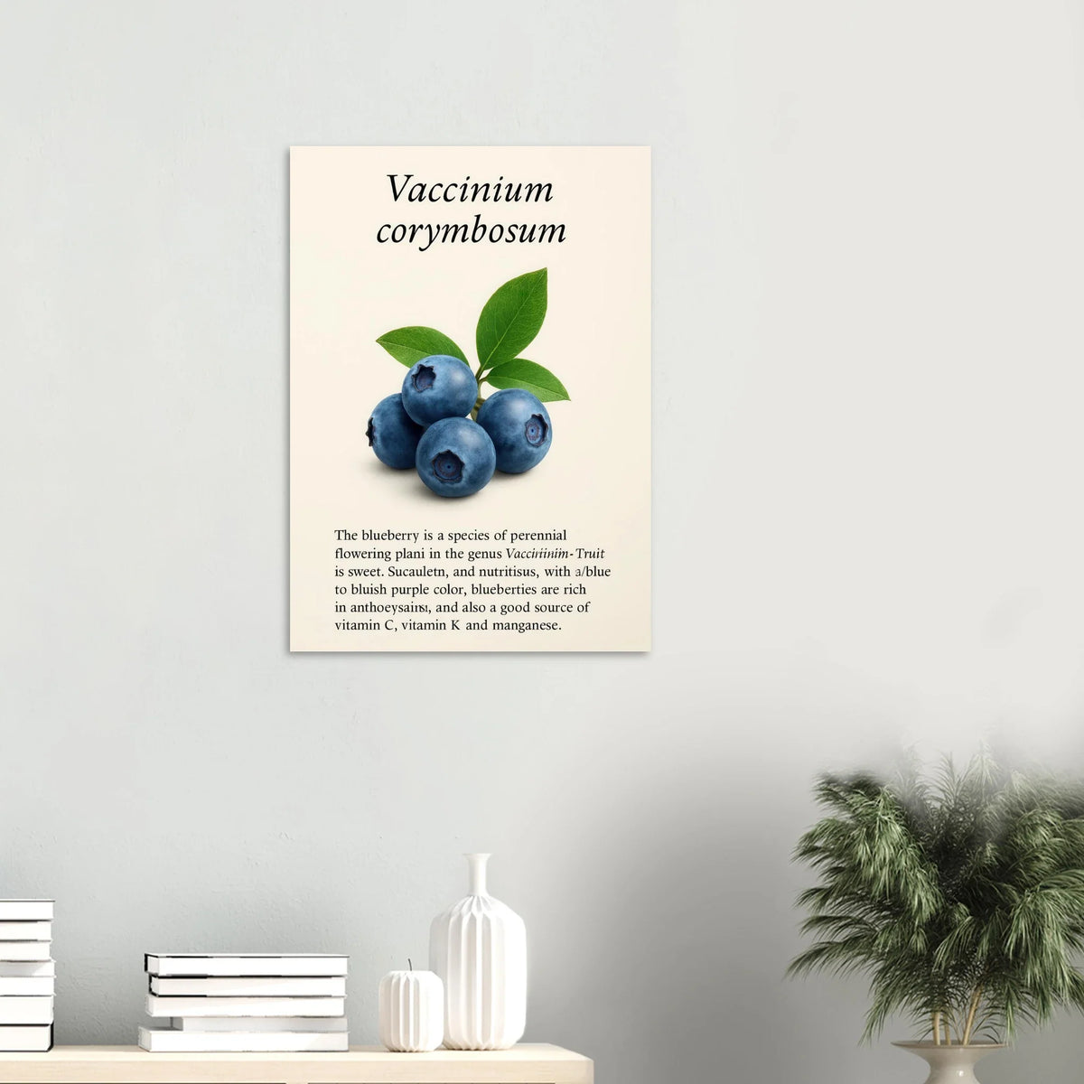 Frukter Botanisk Poster: Vaccinium Corymbosum (Blåbär) Konsttryck med levande blå nyanser och din valda storlek