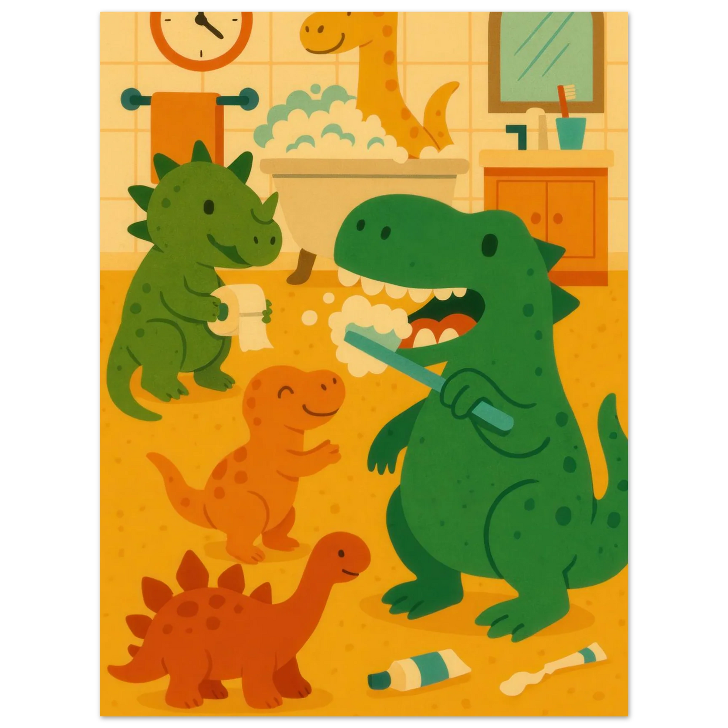Lekfull Dino Badrum Konsttryck – Låt Fantasin Flöda med Söta Dinosaurier, Tillgänglig i Flera Storlekar