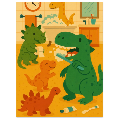 Lekfull Dino Badrum Konsttryck – Låt Fantasin Flöda med Söta Dinosaurier, Tillgänglig i Flera Storlekar