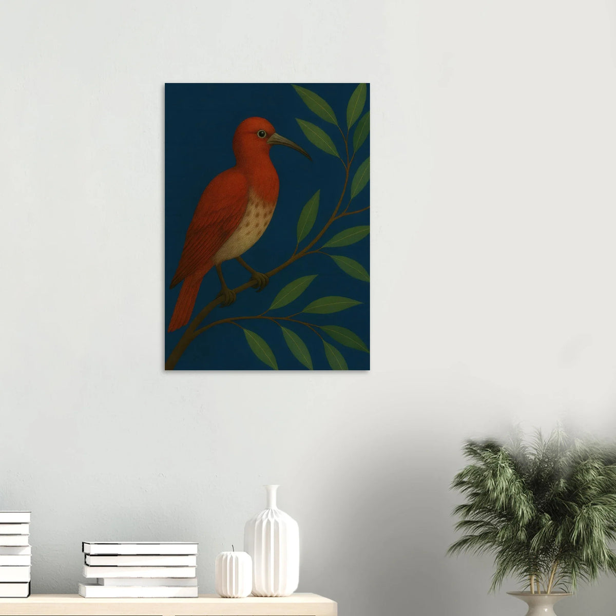 Djur: Vibrant Crimson Bird Art Print on Deep Teal Background, available in multiple sizes