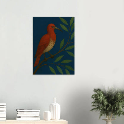 Djur: Vibrant Crimson Bird Art Print on Deep Teal Background, available in multiple sizes
