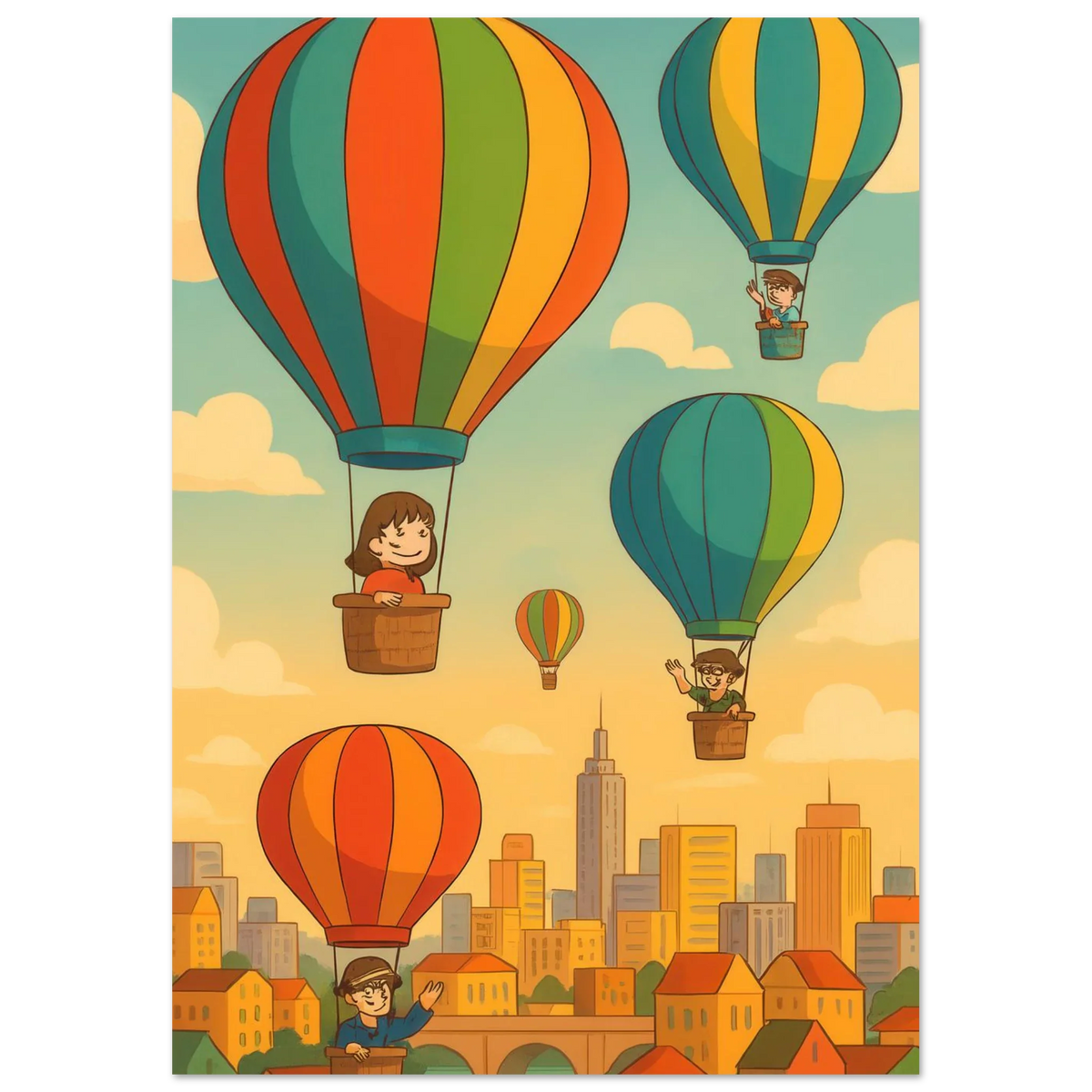 Barn: Whimsical Hot Air Balloon Cityscape Art Print – Elevate Your Space with Retro Charm
